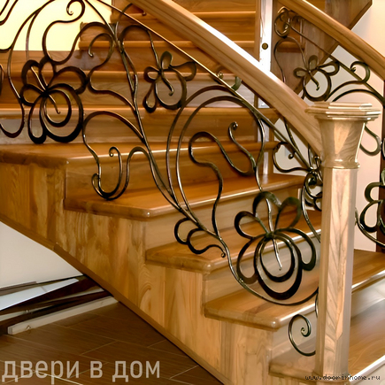 Перила кованые с деревянным поручнем и столбами КП-0065