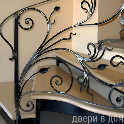 Кованые черные перила с листьями КП-0150