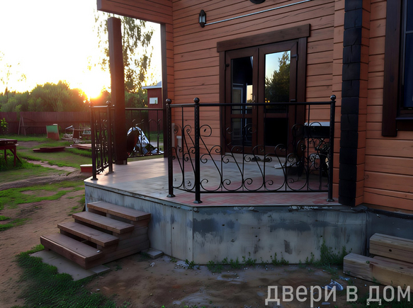 Черные кованые перила для входа КП-020