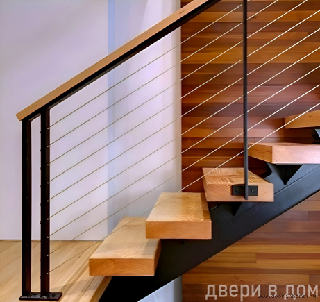 Перила для лестниц с тросами с деревянным поручнем черные ТО-003